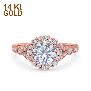 14K Rose Gold Floral Art Deco Engagement Ring Simulated Cubic Zirconia Size-7